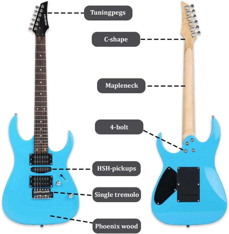 demusea electric guitar light blue 24frets full size guitar HSH pickup maple neck phoenix body single tremolo bridge 5 ways toggle 1V1T plate portable young man beginner starter practice(YNBDOT-BL) - Image 2